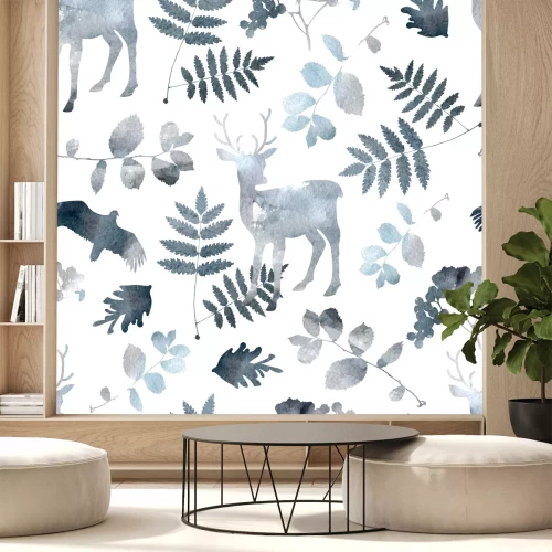 Sticker Nahtloses Muster des Nordwaldes mit Rotwild, Vögel, Blattelemente. Aquarell von Hand gezeichnet