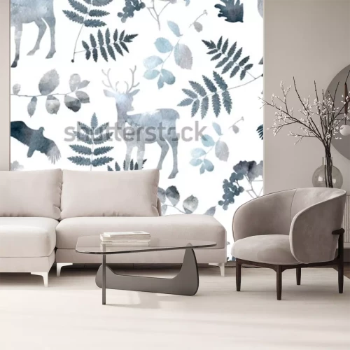 Sticker Nahtloses Muster des Nordwaldes mit Rotwild, Vögel, Blattelemente. Aquarell von Hand gezeichnet