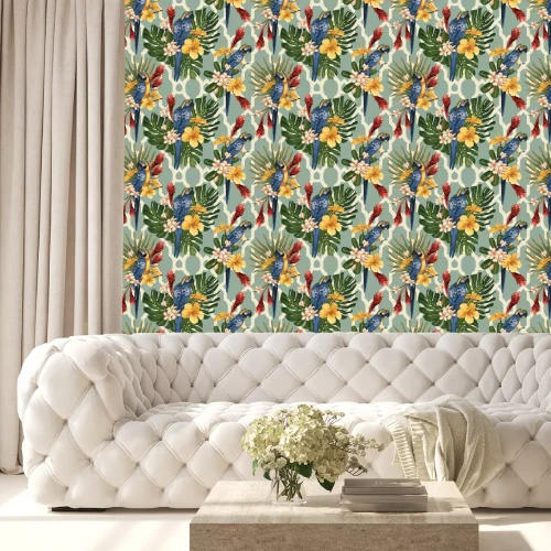 Tapete Hawaiianische Blumen und Papageien