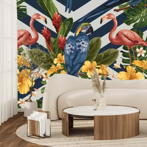 Fototapete Vögel vor dem Hintergrund von Blumen und Streifen