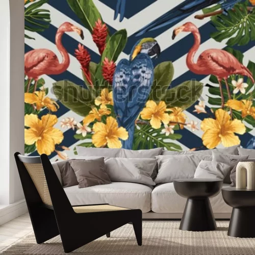 Fototapete Vögel vor dem Hintergrund von Blumen und Streifen