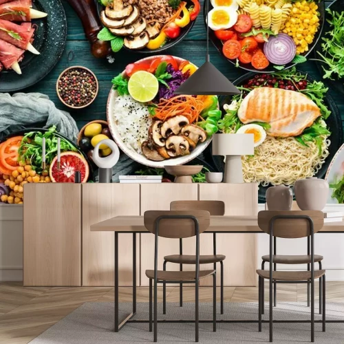 Fototapete Gesunde Gerichte auf einem Holztisch