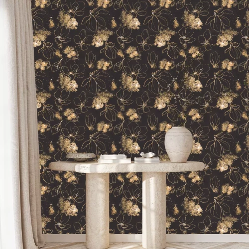 Tapete Seamless pattern with golden flowers and leaves in black background.