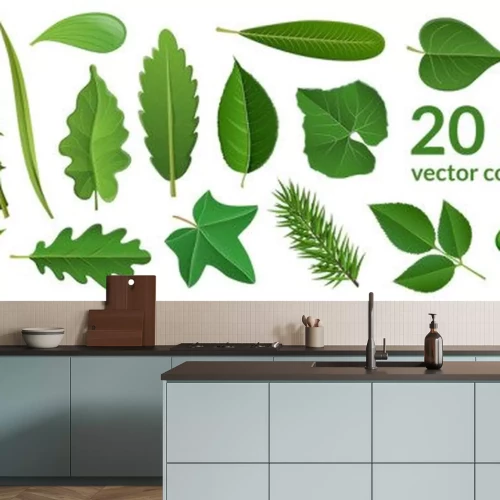 Sticker Green leaf collection including 20 type of different leaf design, tropical, flower and fruit leaves. Vector illustration, isolated on white, for nature, eco and summer design