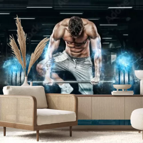 Fototapete Muskelöser Mann mit Gewichten im Fitnessstudio