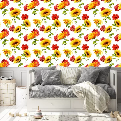 Tapete Seamless pattern of sunflowers with pomegranate buds on white. Abstract. Hand drawn. Watercolor. Vector - stock