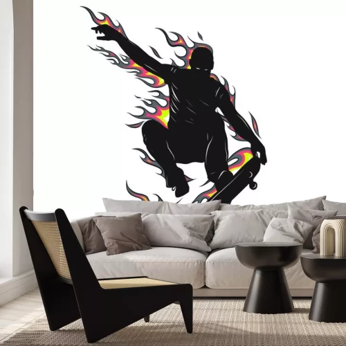 Sticker boy jumping with skateboard with flames behind