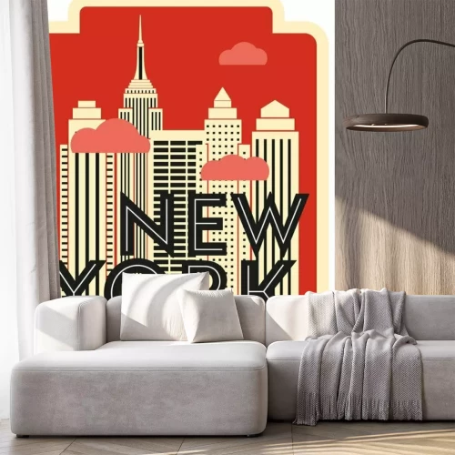 Sticker Retro design poster New York. Skyscrapers and clouds. Vector drawing