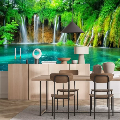 Fototapete Exotic waterfall and lake landscape of Plitvice Lakes National Park, UNESCO natural world heritage and famous travel destination of Croatia. The lakes are located in central Croatia (Croatia proper).