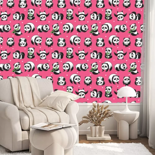 Tapete Pandas mit Bambus auf rosa Hintergrund