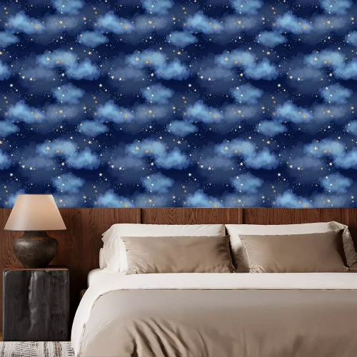 Tapete Seamless dark blue night sky pattern with gold foil constellations, stars and watercolor clouds