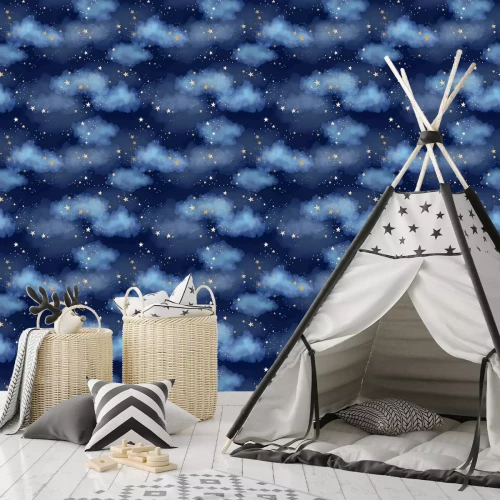 Tapete Seamless dark blue night sky pattern with gold foil constellations, stars and watercolor clouds