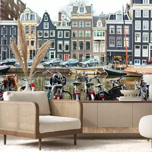 Fototapete Fahrräder am Kanal in Holland