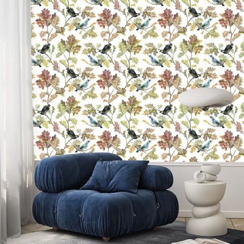 Tapete Botanisches nahtloses Muster mit Vögeln, Eichenzweigen, Blättern und Eicheln. Naturmotiv gezeichnet durch Farbstifte lokalisiert auf Weiß. Ideal für Bettwäsche, Stoff, Kleidung, Tapeten, Verpackung