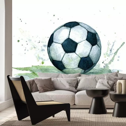 Sticker Isolated watercolour illustration of realistic black and white soccer ball with green splash