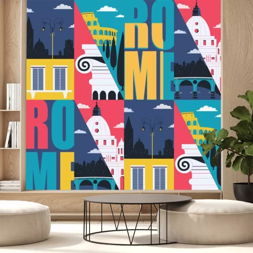 Sticker Rome, Italy vector seamless pattern. Cityscape, historical landmarks