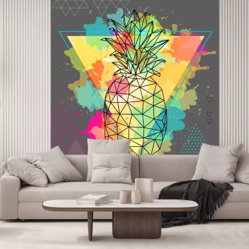 Sticker Hipster polygonal tropic fruit pineapple on artistic triangle watercolor background