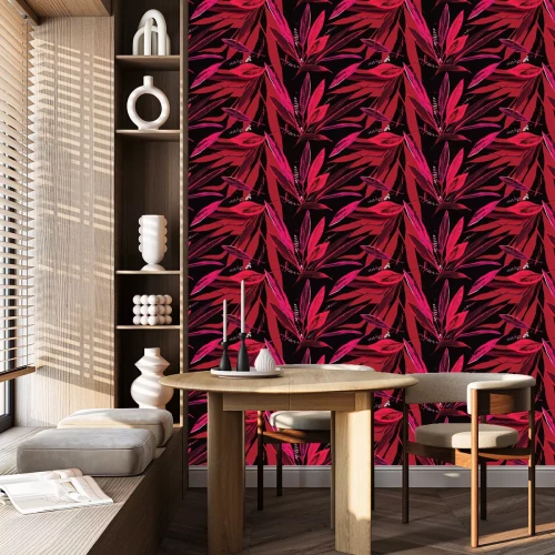 Tapete Trendy Blumen nahtloses Muster. Rosa und rote Blätter auf einem schwarzen Hintergrund. Handgezeichnete Vektorillustration