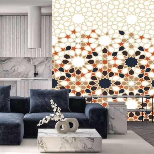 Sticker Arabesque vector seamless pattern. Geometric halftone texture with color tile disintegration or breaking