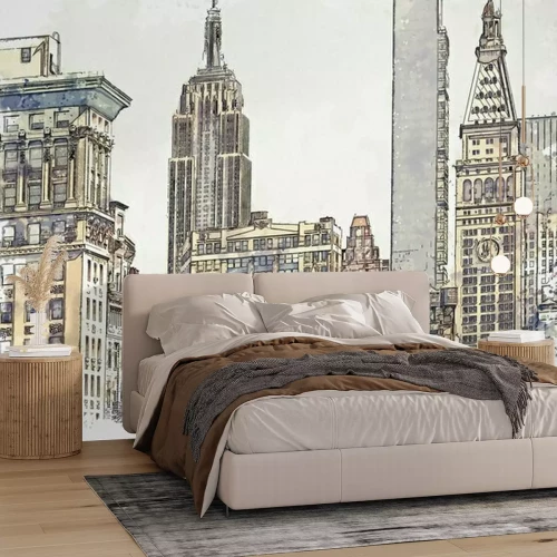 Fototapete Watercolor sketch or illustration of a beautiful view of the New York City with urban skyscrapers