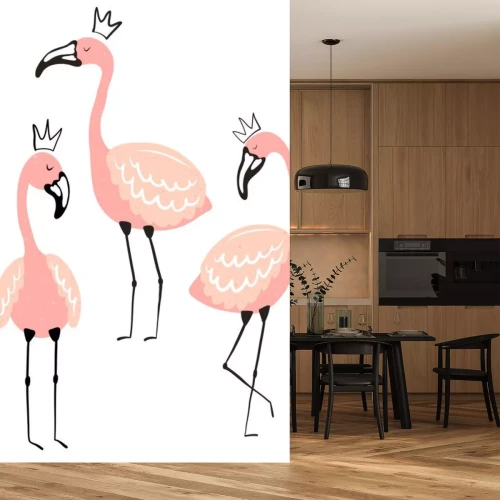 Sticker Drei pastellfarbene Flamingos mit Kronen