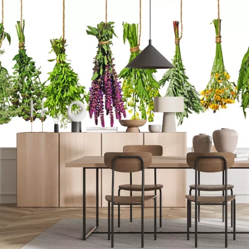 Fototapete Bunte Sträuße aus frischen Kräutern auf weißem Hintergrund