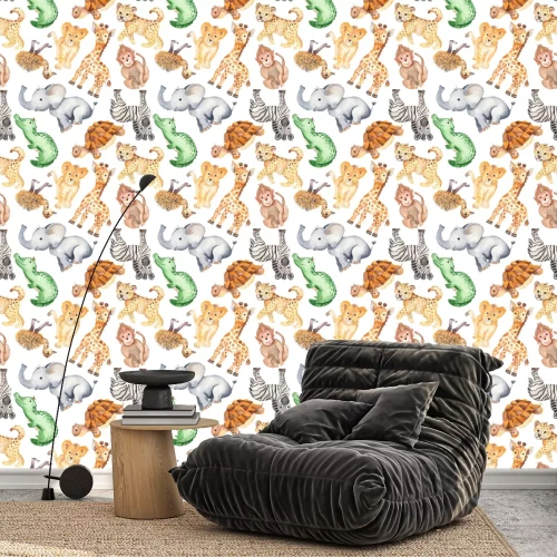 Tapete Aquarellmuster mit niedlichen Karikaturtieren von Afrika. Textur für Tapeten, Verpackungen, Scrapbooking, Textilien, Stoffe, Kinderbekleidung und Design