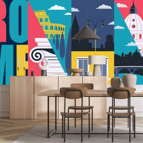 Sticker Rome, Italy vector banner, illustration. Cityscape, historical landmarks in modern flat design