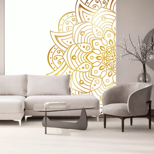 Sticker Clean white cover with gold beautiful flower. Golden vector mandala isolated on white background. A symbol of life and health. Invitation, wedding card, scrapbooking, magic symbol.