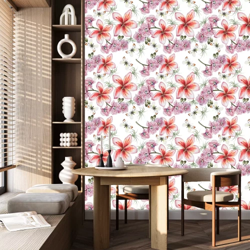 Tapete Helles nahtloses Muster mit Blumen. Plumeria. Orchidee. Schmetterling. Aquarellillustration
