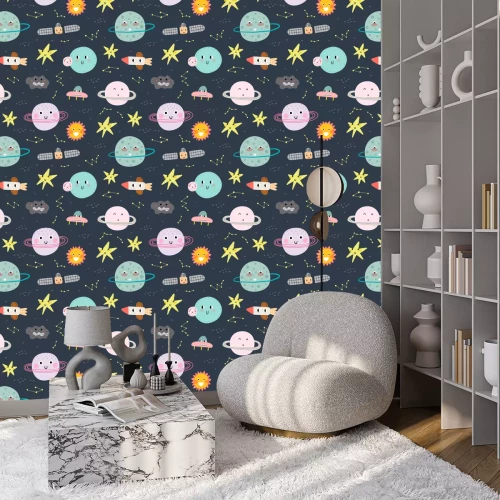 Tapete Seamless pattern with cute planet, star and ufo. Vector illustration for children. Trendy kids vector background.