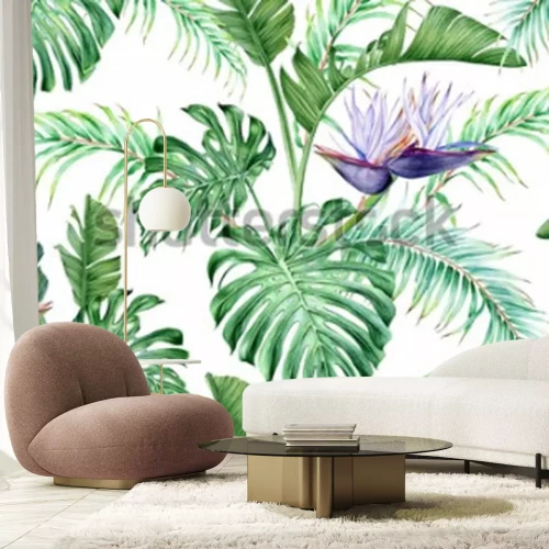 Sticker Weiße Strelitzia und tropische Blätter. Eine seltene exotische Blume. Aquarell nahtlose Muster.