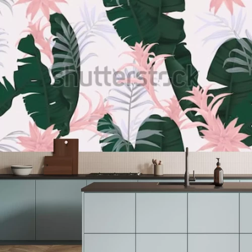 Sticker Nahtloses mit Blumenmuster, grüne Bananenblätter, rosa Bromeliaceaeanlage und Palmblätter auf hellgrauem Hintergrund, Pastellweinlesethema