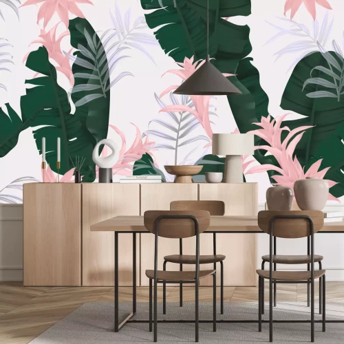 Sticker Nahtloses mit Blumenmuster, grüne Bananenblätter, rosa Bromeliaceaeanlage und Palmblätter auf hellgrauem Hintergrund, Pastellweinlesethema