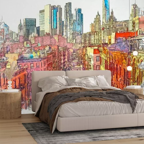 Fototapete Watercolor sketch or illustration of a beautiful view of the street in Chinatown in New York in the USA. Everyday city life