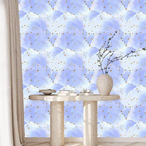 Tapete Seamless blue sky pattern with gold foil constellations, stars and watercolor clouds