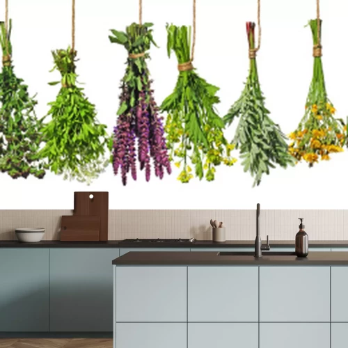 Fototapete Bündel bunter frischer Kräuter auf weißem Hintergrund