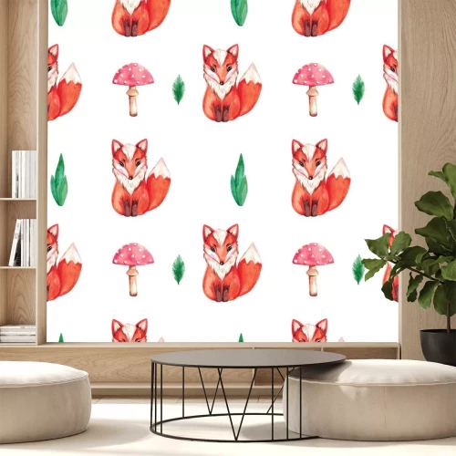 Sticker Aquarell Fuchs und roter Fliegenpilz weißer Hintergrund