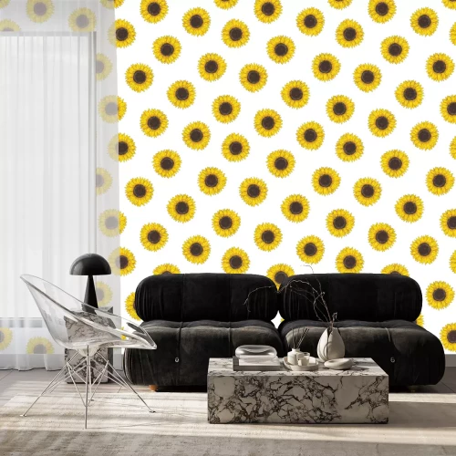 Tapete Floral seamless pattern with sunflower heads. Botanical backdrop with blooming flower or cultivated crop hand drawn on white background. Natural vector illustration in vintage style for fabric print.