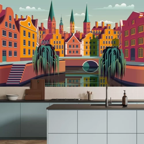 Sticker Summer day in small town in Holland.