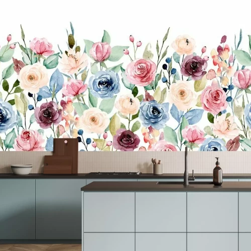 Sticker Floral seamless border with watercolor flowers, leaves. Repeating pattern for background, invitation, greeting card, poster, fabric, paper and other. Hand painting. Isolation on white.