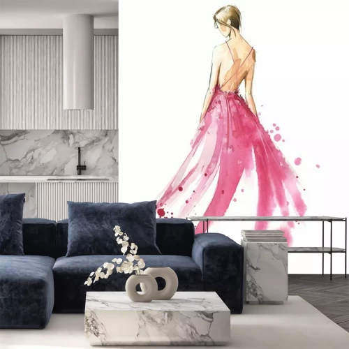 Sticker Young woman wearing long evening dress, bride. Watercolor illustration