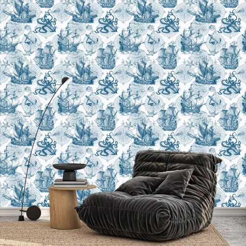 Tapete Old caravel, vintage sailboat, sea monster. Vector seamless pattern