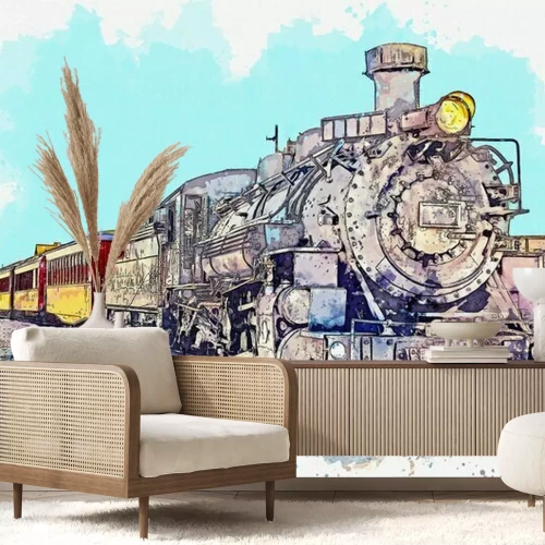 Fototapete Watercolor sketch or illustration of an old fashioned train. Transportation of passengers and goods by train