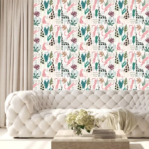 Tapete Giraffen und rosa Leoparden zwischen tropischen Blättern