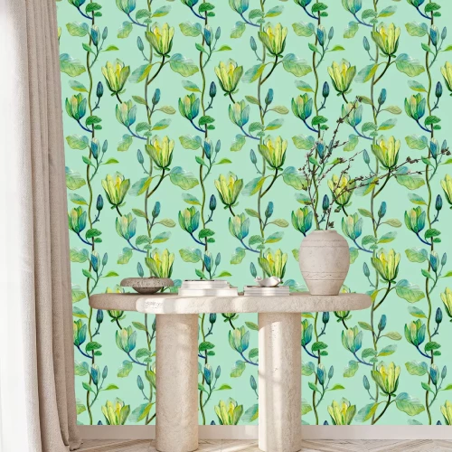 Tapete Beautiful magnolia flower tropical pattern. Seamless tropical pattern on  green mint background.