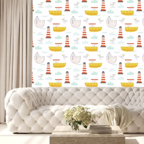 Tapete Nautical seamless pattern with ships and lighthouse. Kids hand drawn print. Vector illustration.