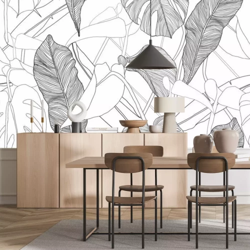 Fototapete Schwarz-weiße minimalistische Skizze tropischer Blätter