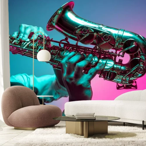 Sticker Musikinstrumente Nahaufnahme der Hände des Saxophonisten