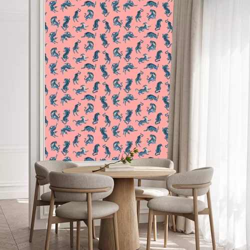Tapete Vector seamless pattern with cute tigers on the pink background. Fashionable fabric design.